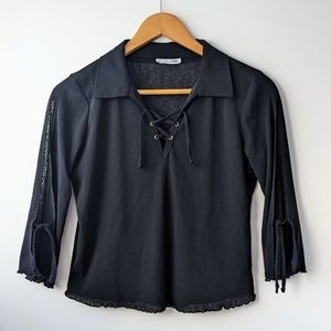 90s Flutter Sleeve Lace Up Collared Top Whimsigoth